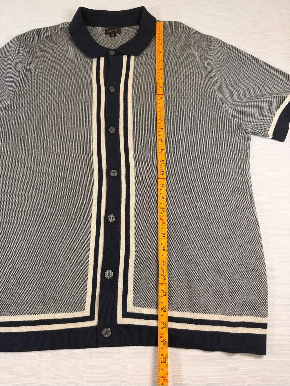 J. Crew Gray Short-Sleeve Polo Cardigan with Navy and Cream Trim